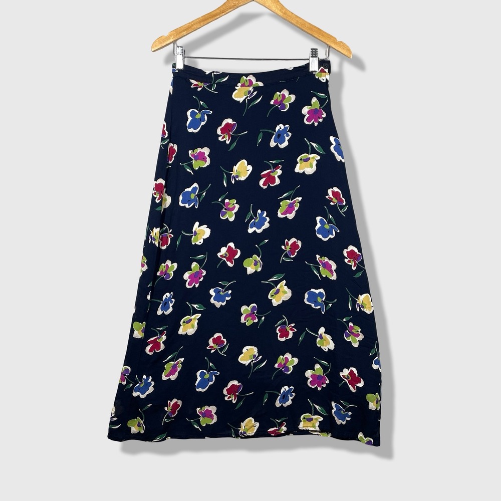 JM Studio Skirt Womens 7/8 Blue Floral A-Line Midi Vintage Cottagecore Boho 90s